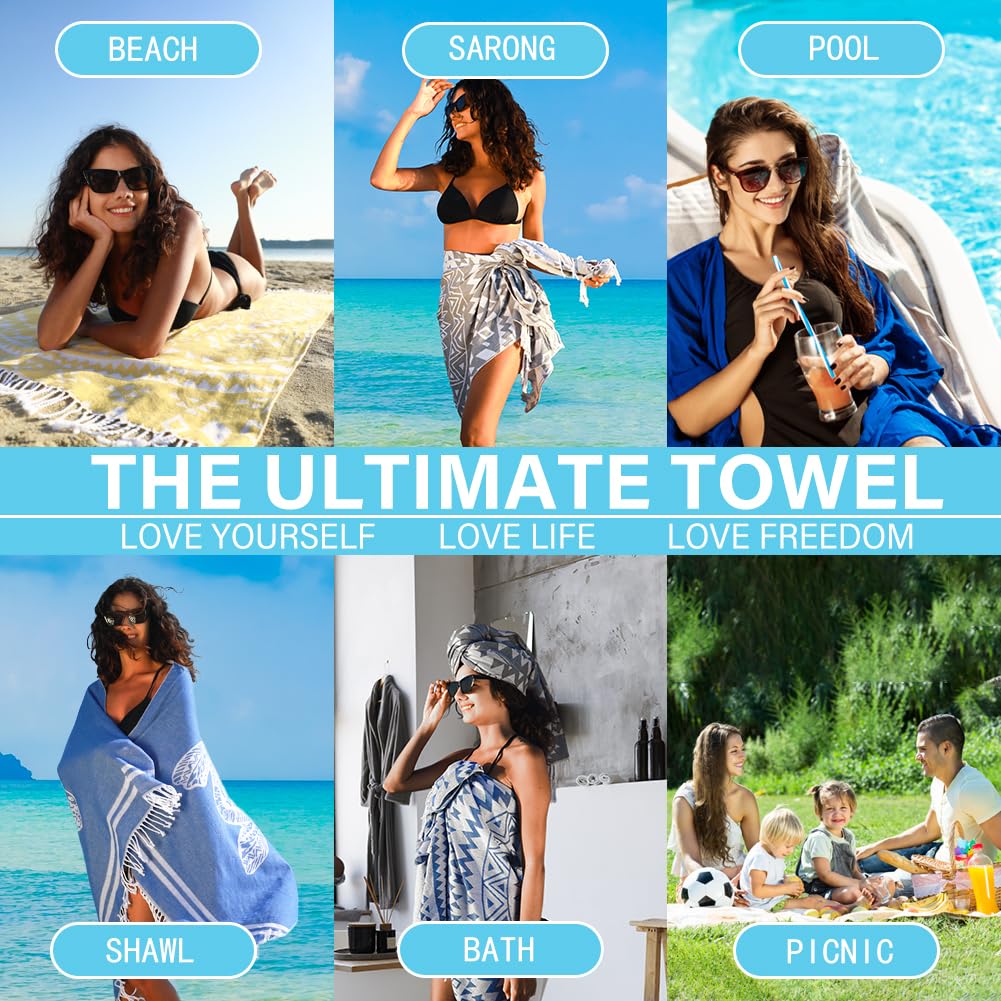 Widdonen Turkish Beach Towel Quick Dry Absorbent Cotton Lightweight Thin Bathroom Bath Pool Swim Towels Extra Large Oversized Sand Free Beach Accessories Essentials Stuff Cloud Gift for Adults