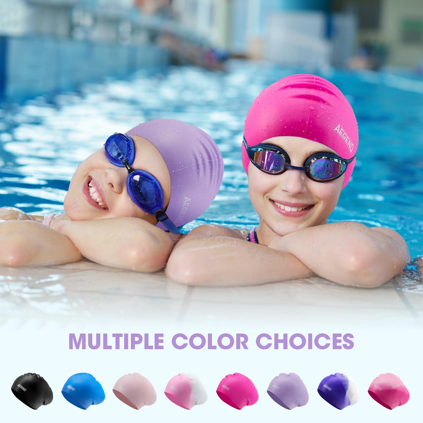 Aegend 2 Pack Long Hair Swim Cap for Girls and Boys Aged 3-15, Waterproof Silicone Swimming Cap for Kids/Children/Youth/Teens