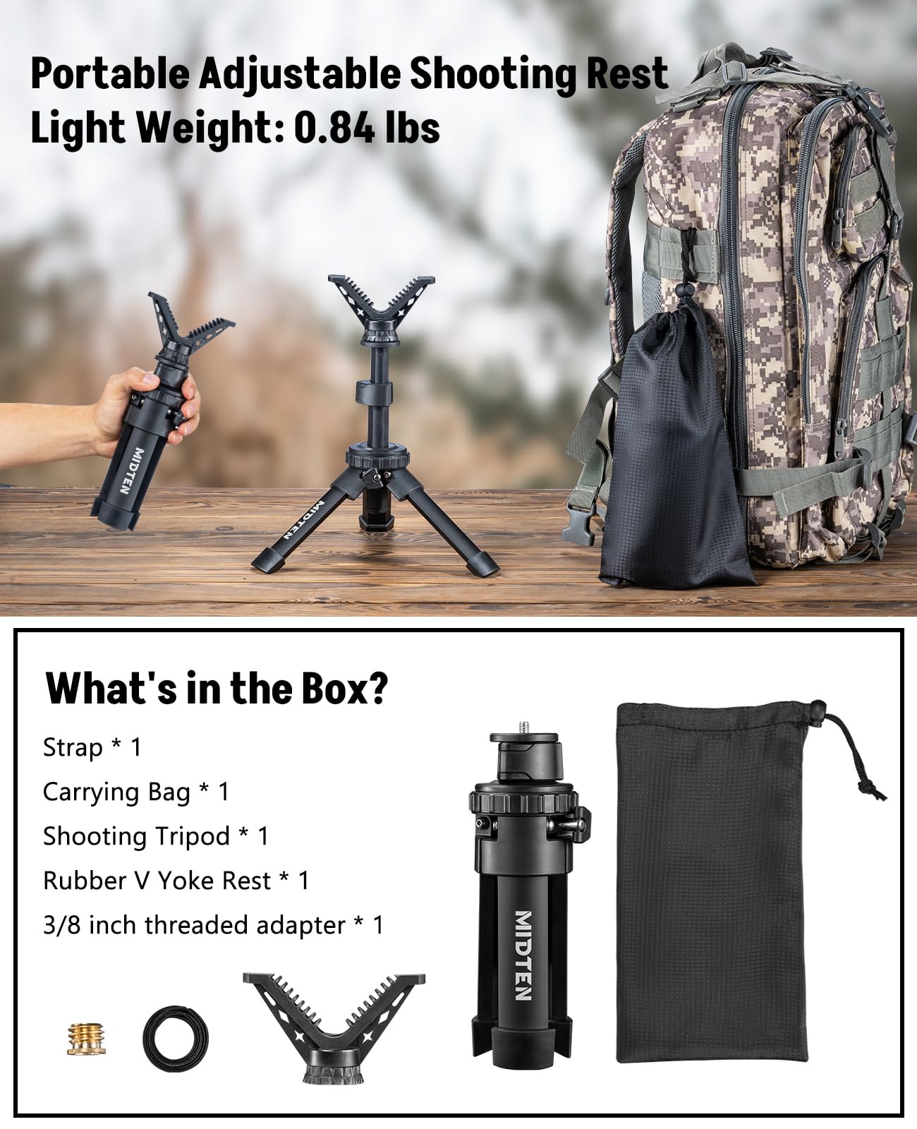 MidTen Portable Shooting Rest Tripod Rifle Stand for Range - Lightweight Bench Rest with 360 Rotate V Yoke Holder (7.5-15'')