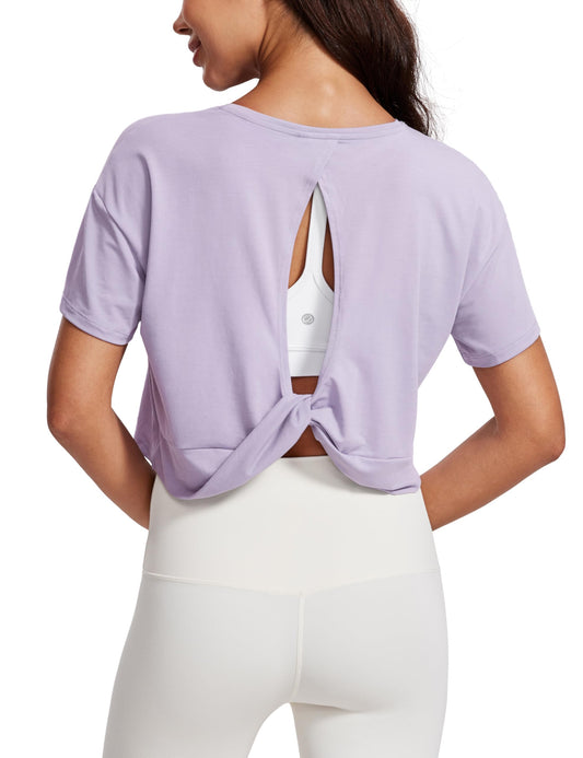 CRZ YOGA Open Back Short Sleeve Crop Top for Women Loose Athletic Yoga Workout Tops Casual Cropped Tee Shirts Lilac Lavender Small