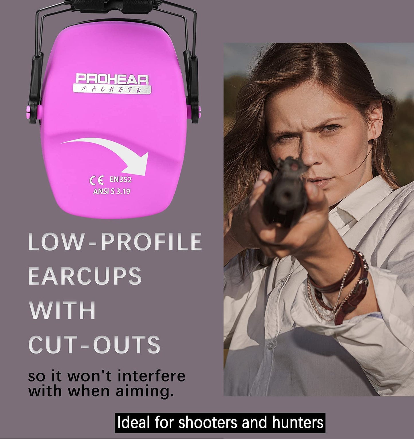 PROHEAR 016 Ear Protection Safety Earmuffs for Shooting, NRR 26dB Noise Reduction Slim Passive Hearing Protector with Low-Profile Earcups, Compact Foldable Ear Defenders for Gun Range, Hunting (Pink)