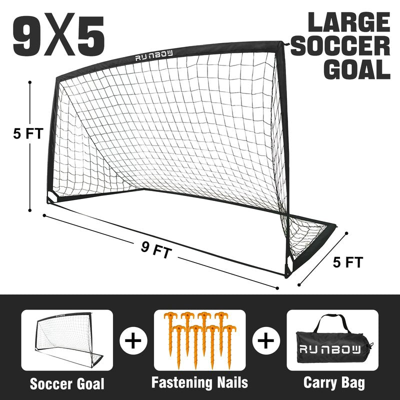 RUNBOW 9x5 ft Portable Kids Soccer Goal for Backyard Adult Junior Large Practice Soccer Net with Carry Bag (9x5FT, 1 Pack, Black)