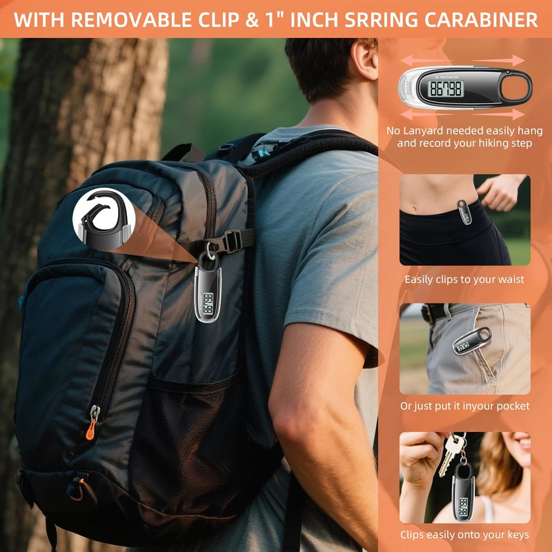 Simple Step Counter Walking 3D Pedometer with Clip & Lanyard, Step Counter with LCD Display, Clip and Lanyard (White)