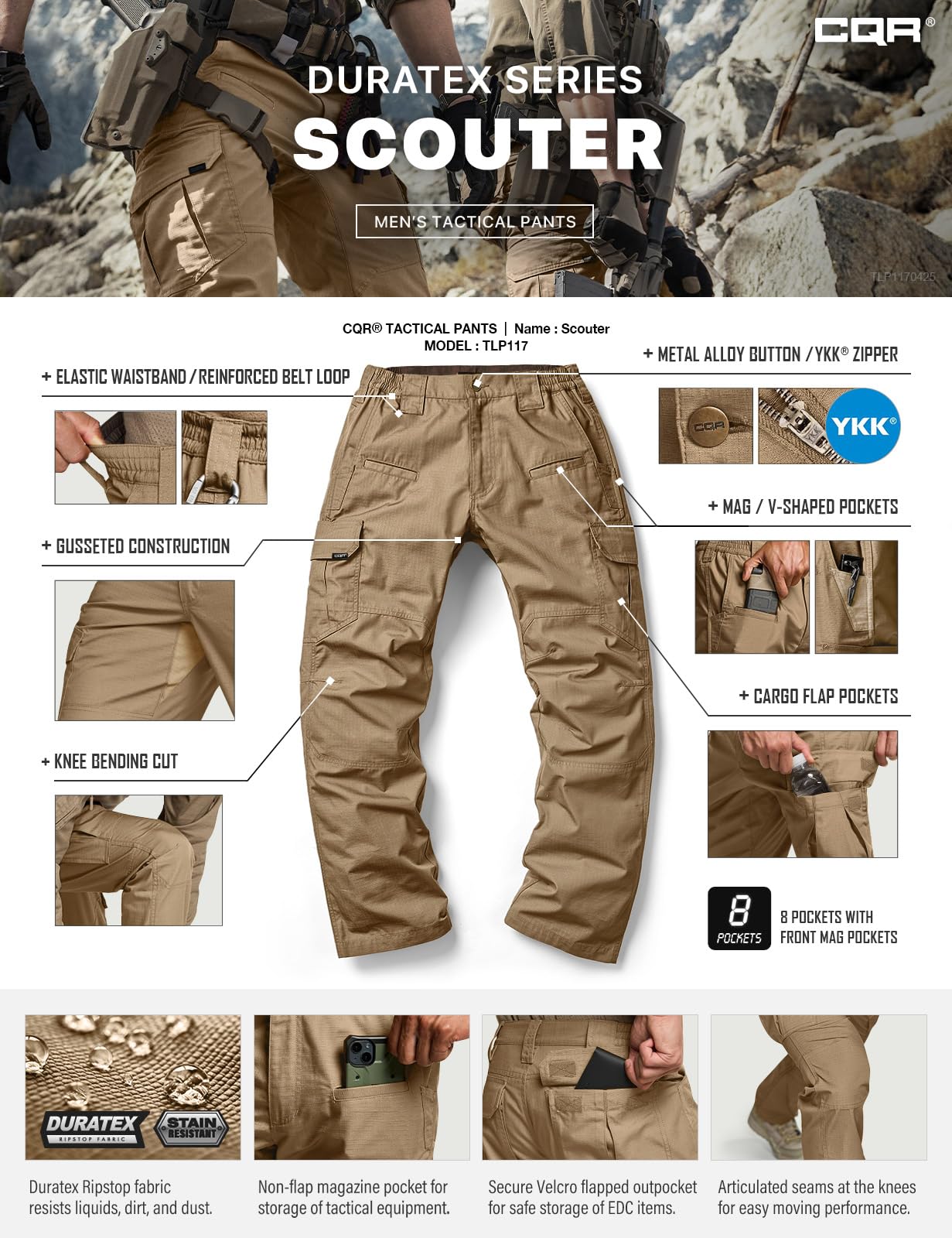CQR Men's Tactical Pants, Water Resistant Ripstop Cargo Pants, Lightweight EDC Work Hiking Pants, Outdoor Apparel, Raider Cougar, 30W x 30L