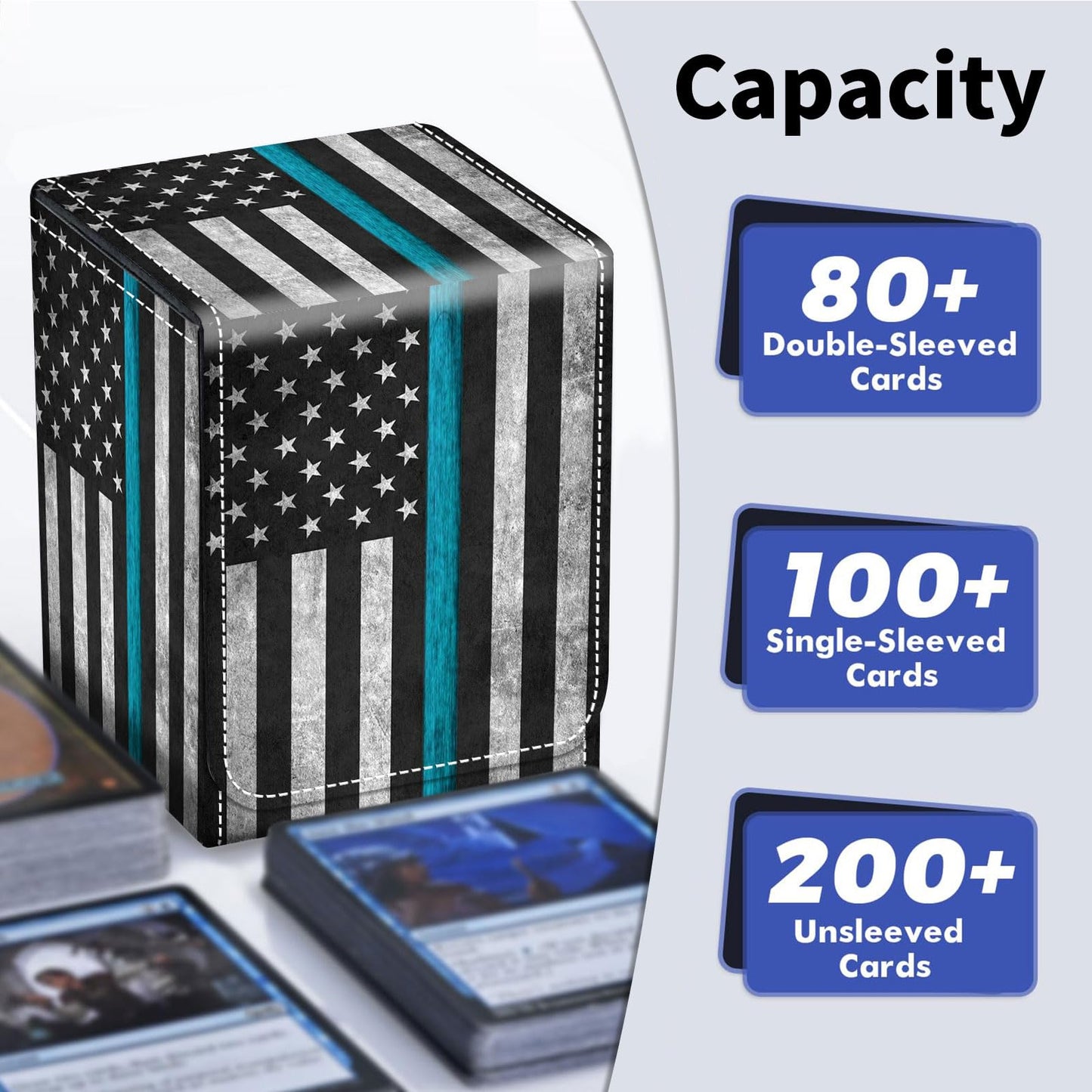 Qindaiwen Card Deck Box for Trading Cards, MTG Deck Box Fits 100+ Single Sleeved Cards, PU Leather Strong Magnet Card Deck Case Holder for Magic Commander TCG CCG, American Flag 02