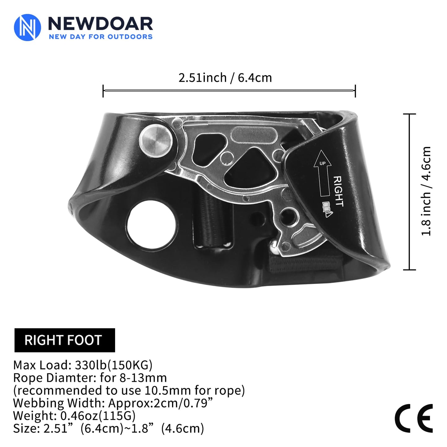 NewDoar Right Foot Ascender Riser Rock Climbing Tree Arborist Mountaineering Rappelling Quick Step Equipment CE Certified Climbing Device for 8~13MM Rope(Right Black)