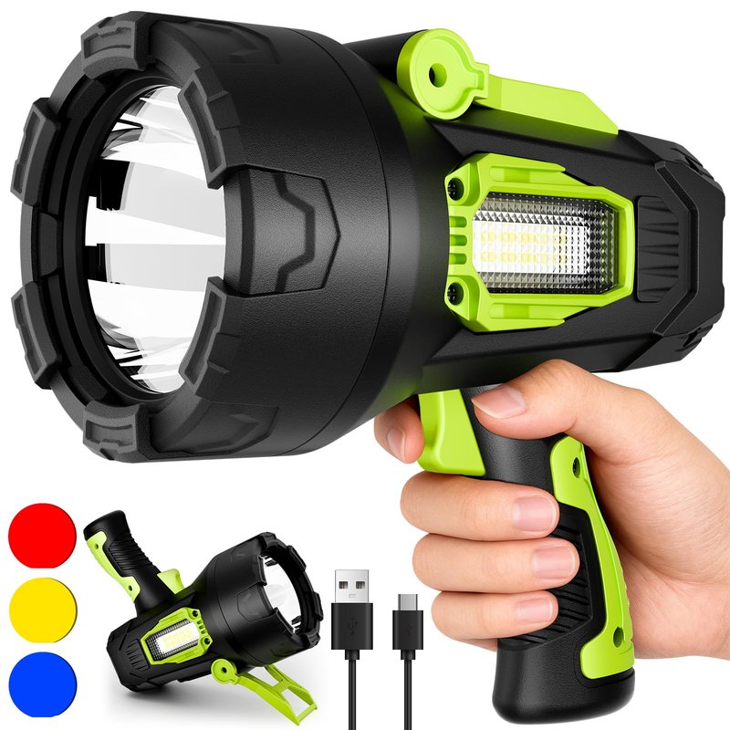 Rechargeable Spotlight，2000000 Lumens Super Bright LED SpotLights Flashlight, 10000ɱAh Spot Lights Long Runtime Waterproof ，Spot Light Outdoor Handheld with Cob Light & Foldable Tripod for Camping