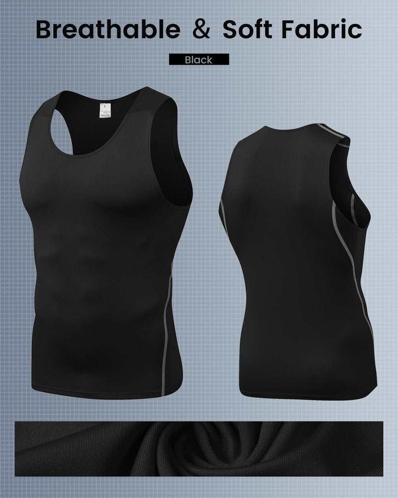 LWISMIL 3 Pack Black Compression Tank Top Men Sleeveless T-Shirt Dry Fit Athletic Workout Sports Running Baselayer Undershirt