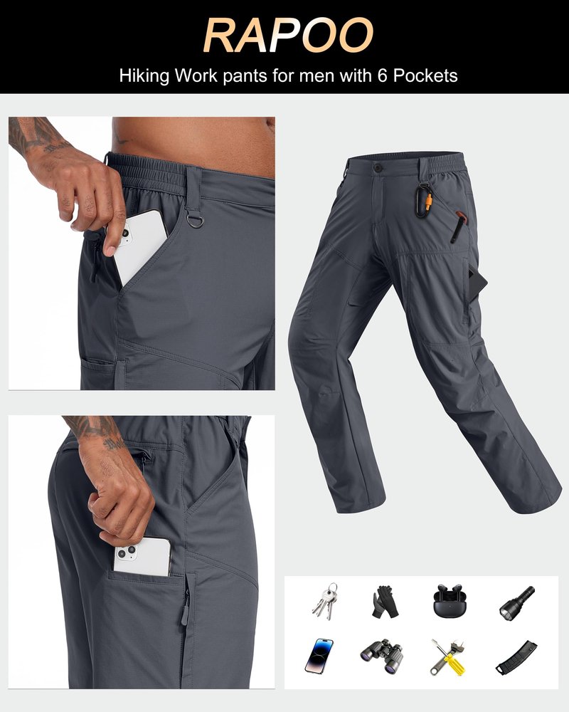 Rapoo Hiking Pants for Mens with Pockets Comfy Lightweight Waterproof Quick Dry Travel Track Outdoor Summer Camping Thin Fishing Work Cargo Pants Grey 32Wx32L