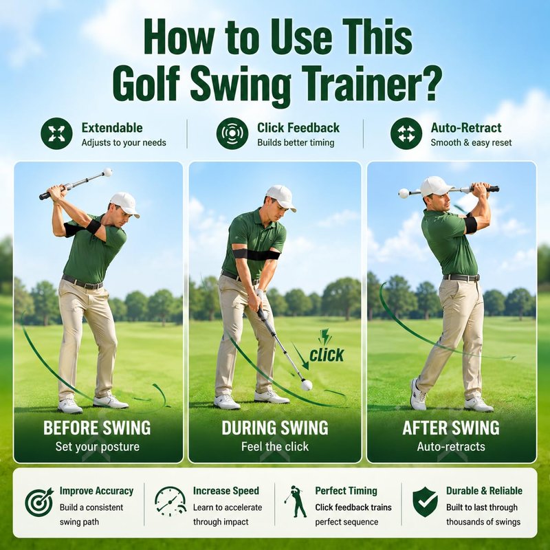 sysdmno Pop-Feedback Retractable Golf Swing Trainer – Click & Tempo Stick for Right-Handed Golfers, Grip Trainer, Arm Connection, Indoor/Outdoor Practice, Ideal Gift for Beginners