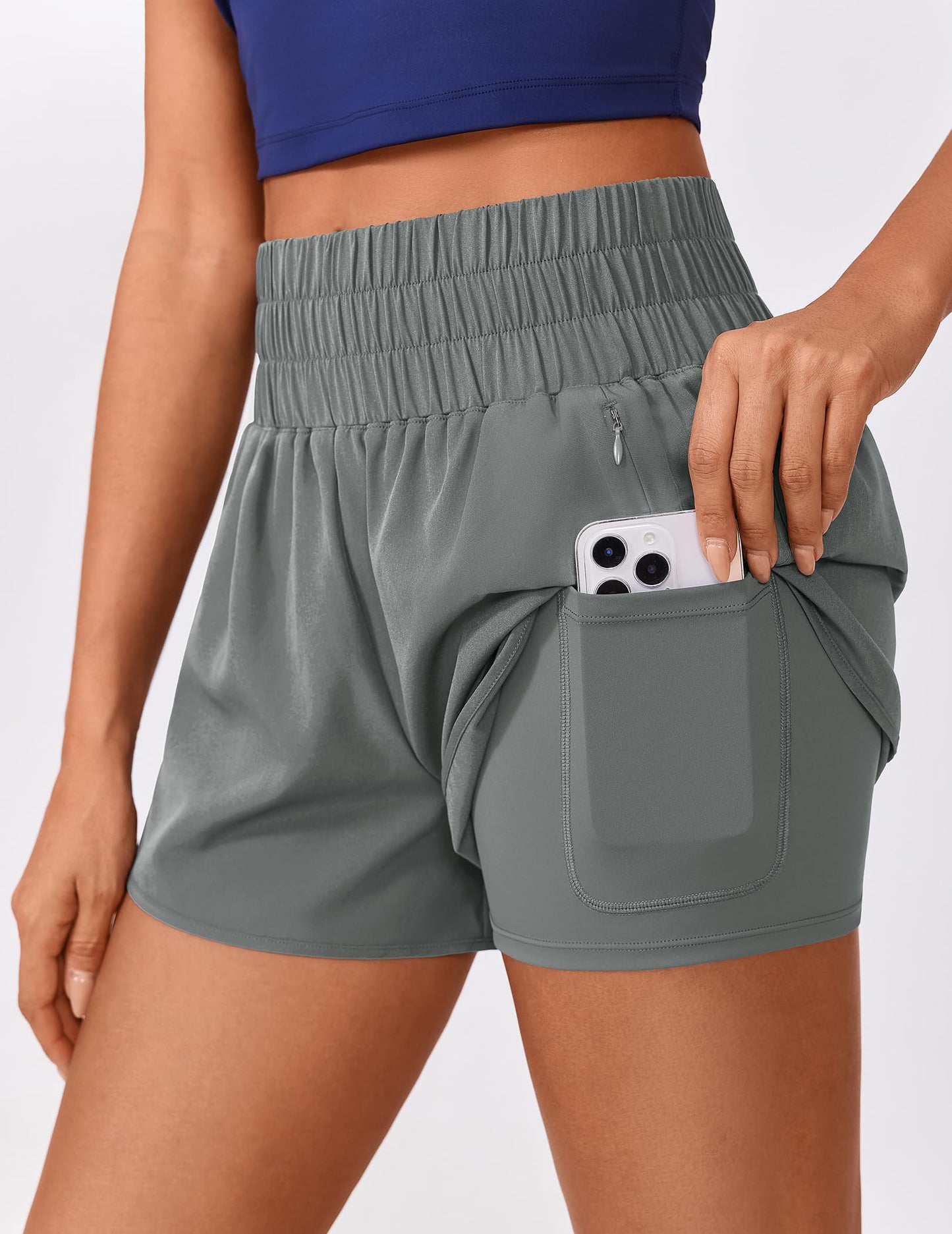 PINSPARK Women 2 in 1 Running Shorts High-Waisted Athletic Shorts Workout Active Dolphin Shorts with Deep Zipper Pockets Sage Grey M