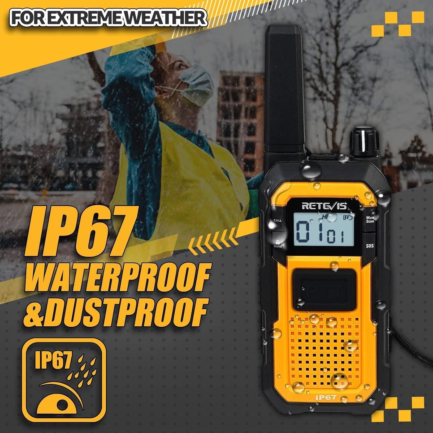 Retevis Walkie Talkies - Long Range Waterproof Two Way Radios with Earpiece | 2000mAh, VOX, NOAA (2 Pack)