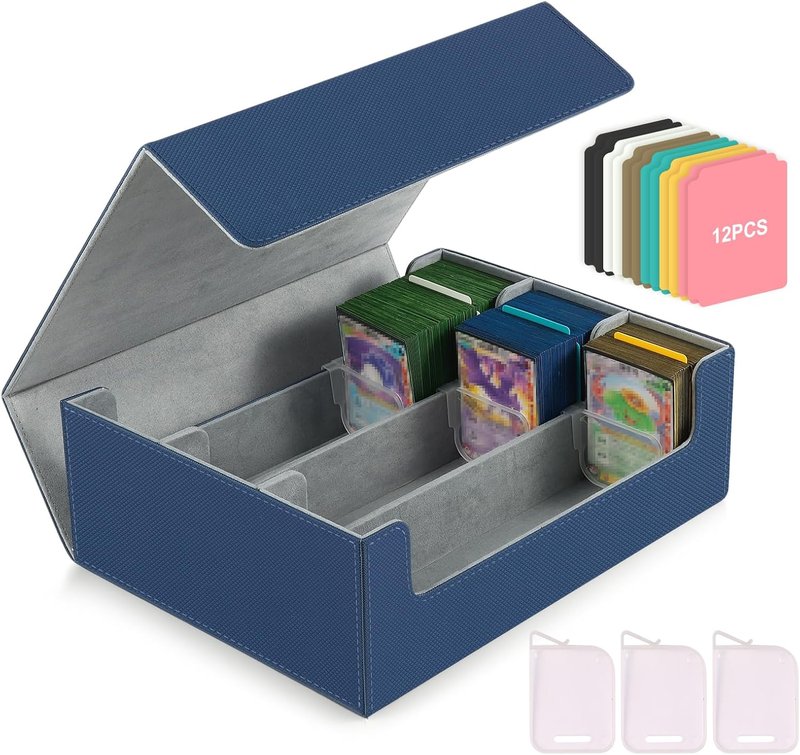 Card Storage Box - 1800+ PU Leather Trading Card Holder with 12 Dividers & Magnetic Closure | Fits YuGiOh, MTG, Sports Cards (Blue, 3-Row)