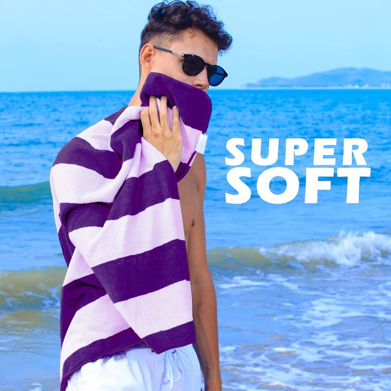 Large Microfiber Beach Towels Set - Quick Dry Cabana Striped | 2-Pack, Purple, 30" x 60" - Lightweight & Highly Absorbent