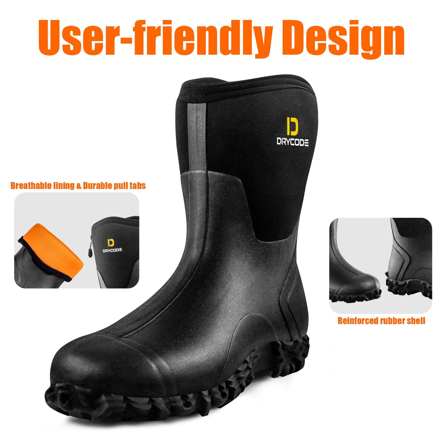 D DRYCODE Rubber Boots for Women, 6mm Neoprene Mid Calf Rain Boots with Steel Shank, Waterproof Insulated Hunting Boots, Mud Work Boots, Black, Size 5-11