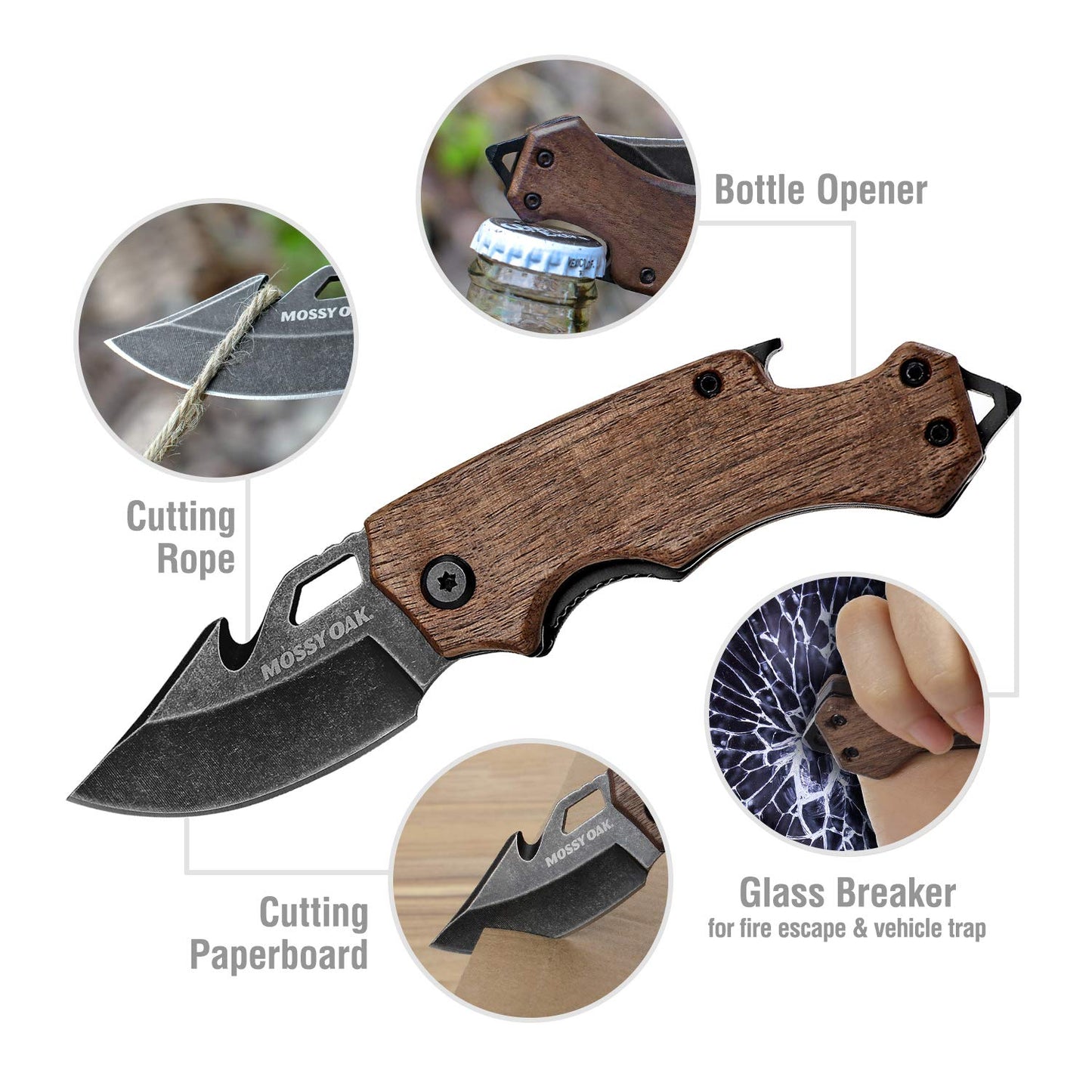 Mossy Oak Mini Folding Pocket Knife, Stainless Steel Drop Point Blade - EDC Multi-tool with Bottle Opener and Glass Breaker (Brown)