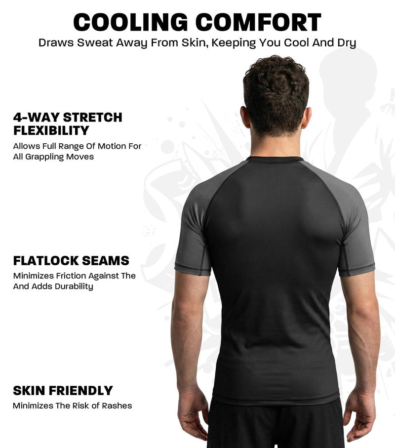 Exxact Sports Men’s BJJ Rash Guard Short Sleeve, IBJJF Ranked No Gi Jiu Jitsu Compression Shirt for MMA Grappling & Training - (Black/Grey, A2XL)