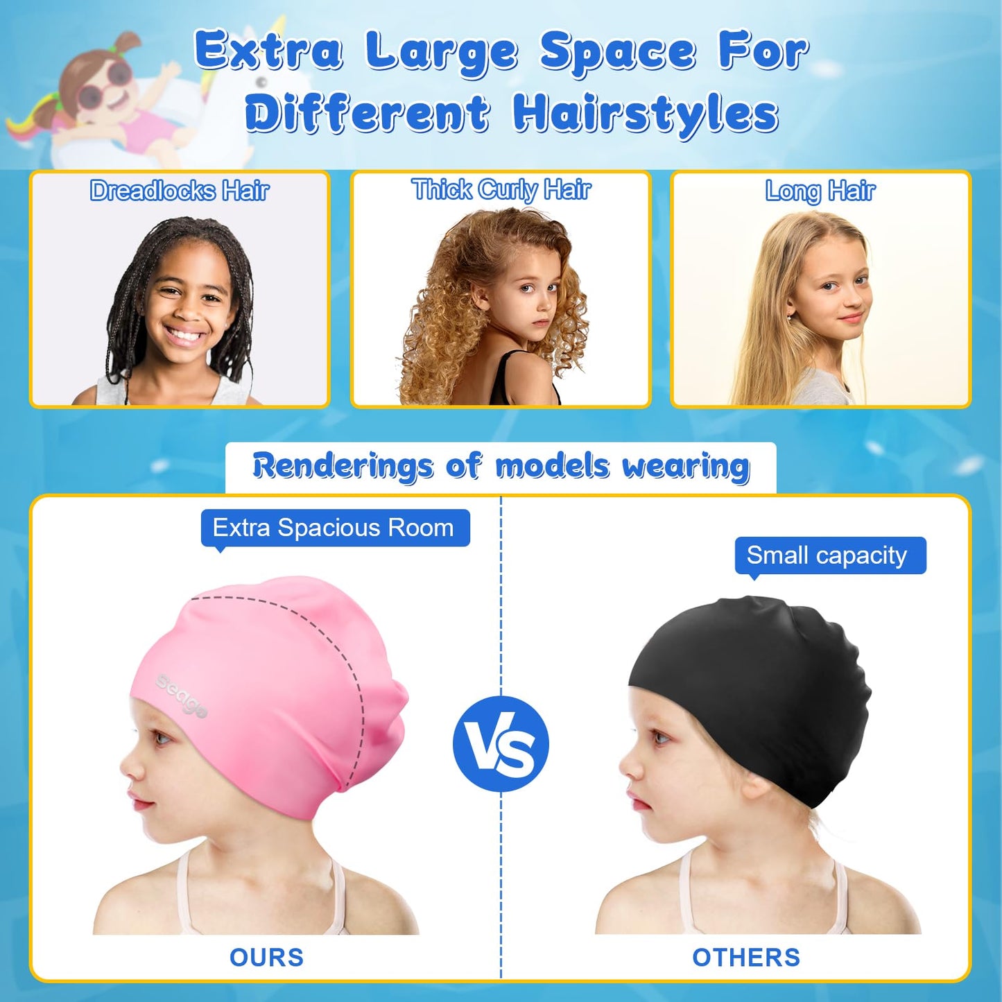 Seago Swim Cap for Kids 6-14 Large Swim Cap for Braids and Dreadlocks Long Hair Swimming Caps for Girls Boys Youth with Nose Clip Waterproof Pool Silicone Bathing Swimming Cap That Keep Hair Dry