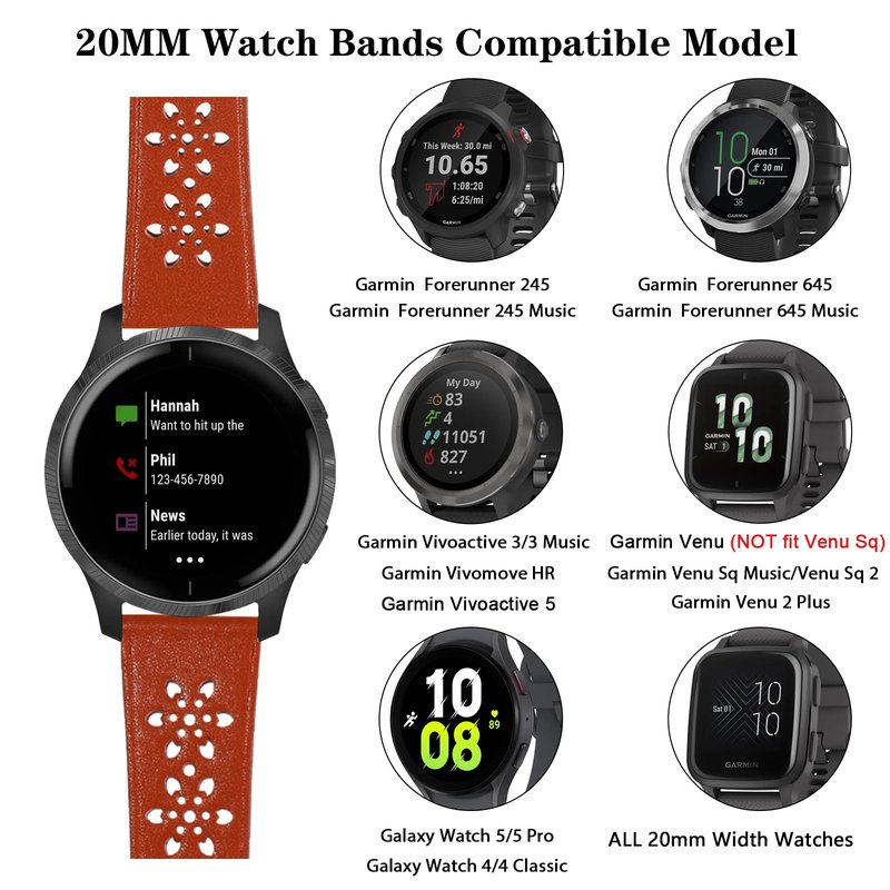 BOTNUW Lace Leather Band Compatible with Garmin Vivoactive 3/Vivoactive 3 Music Bands/Vivoactive 5 Bands,Garmin Venu/Venu 2 Plus Bands Women Men,20mm Breathable Slim Hollow-out Sports Replacement Band (Grey)