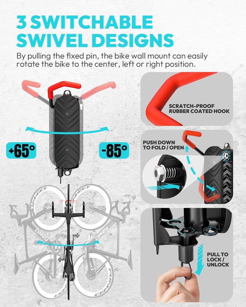FUNWICT Swivel Bike Wall Mount Bike Rack Garage Organizer, Vertical Bike Hanger for Bicycle Rotating Wall Rack, Easy Installation with Wheel Hook (1 PACK)