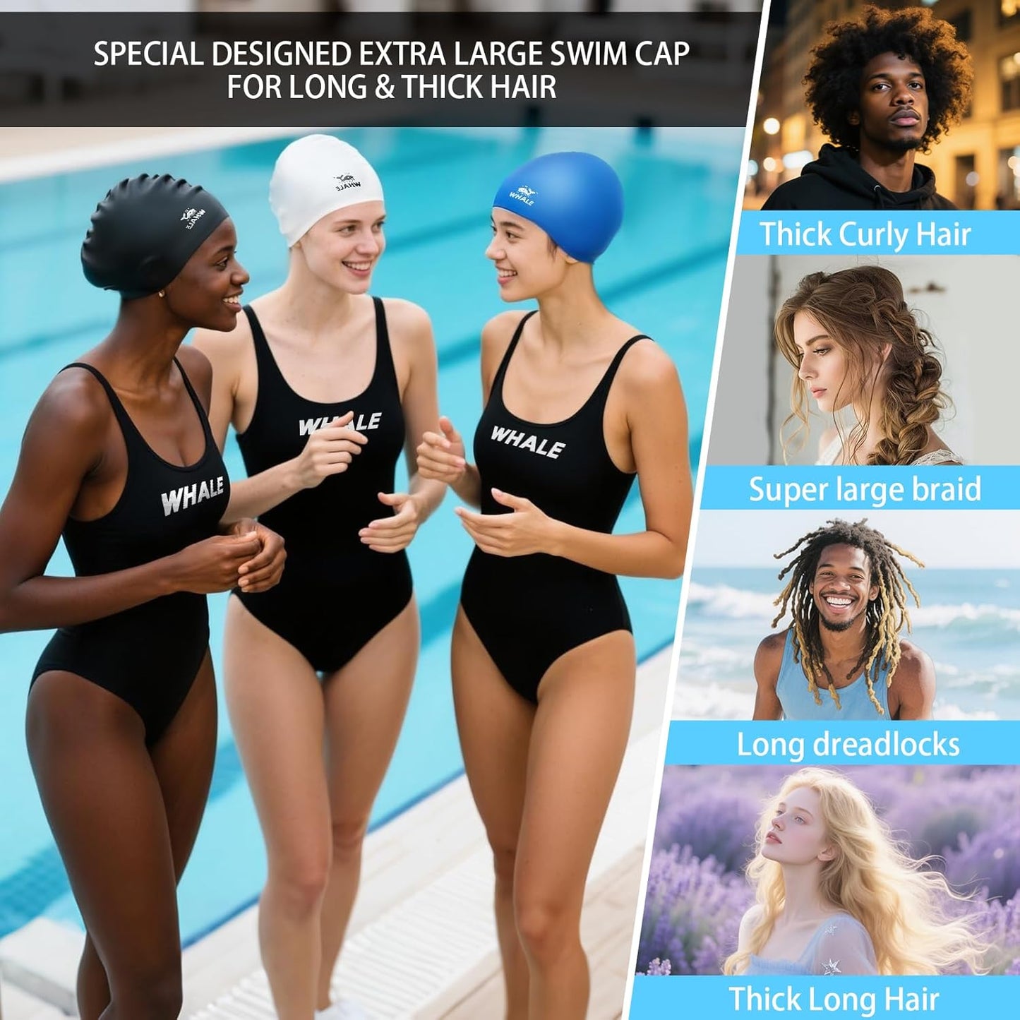 Extra Large Swim Cap - Durable Silicone with Ear Protection | Unisex Cap for Long, Thick, Curly Hair, Dreadlocks, Braids, Afro Hair