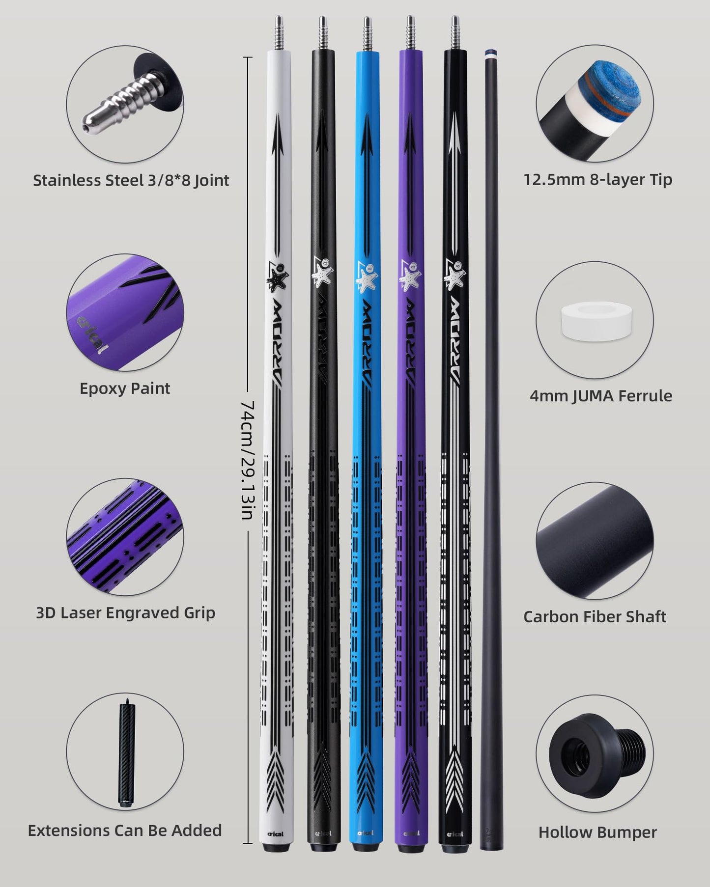 CRICAL Carbon Fiber Pool Cue Stick - 58" Low Deflection Professional Pool Cue with Pro Taper Shaft, 3D Wrapless Grip, 12.5mm Tip & 3/8x8 Joint Billiard Stick for Enhanced Control & Accuracy Purple