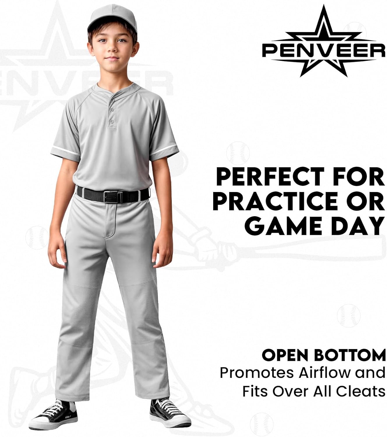 Youth Baseball Pants - Full Length Open Bottom Design for Boys | Durable Snap Closure & Softball/T-Ball Fit