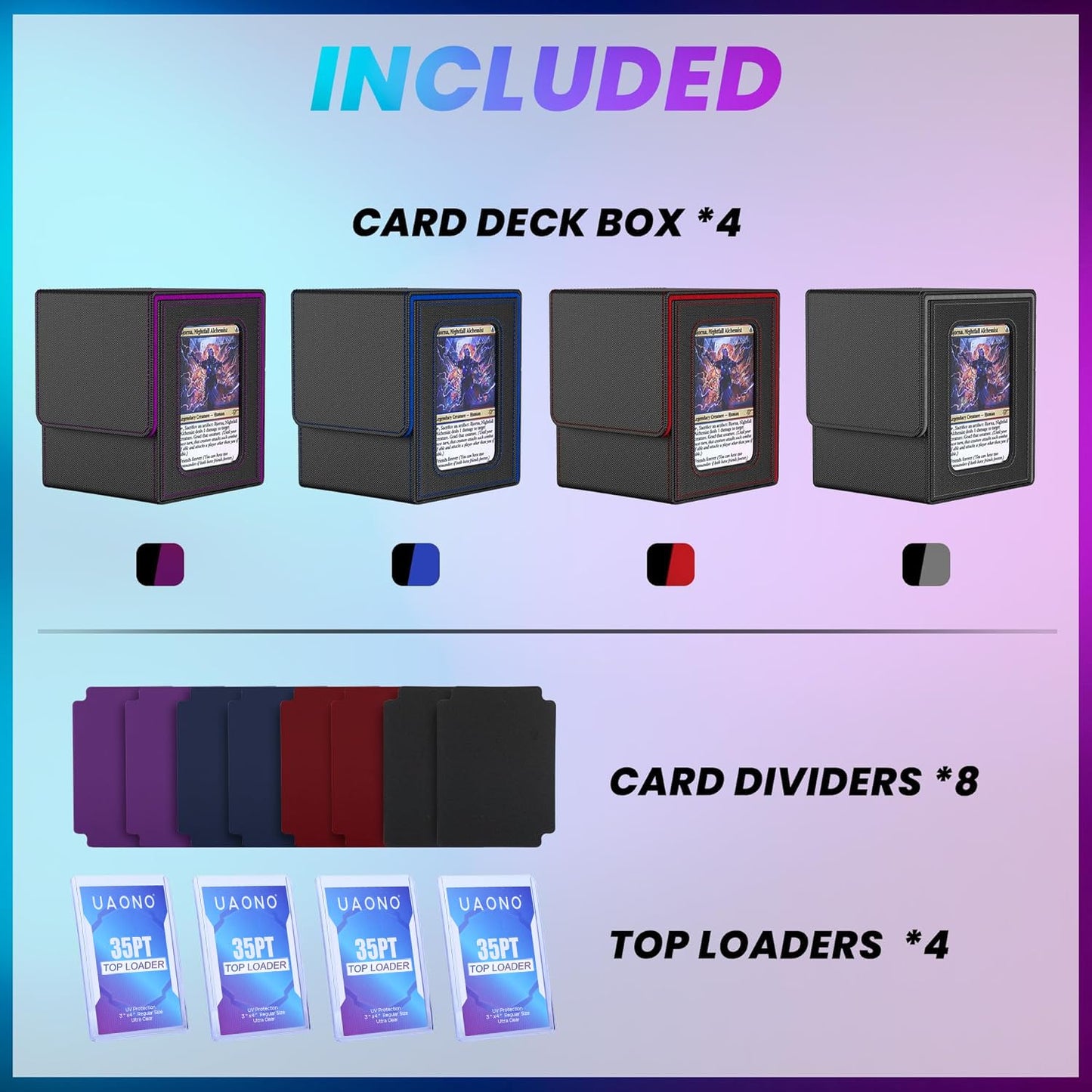 UAONO 4 Pack MTG Commander Deck Box, Independent Commander Display, Fits 400 Double-Sleeved Cards, Magnetic Deck Case for Magic the Gathering TCG, 8 Dividers & 4 Top Loaders (4 Color)