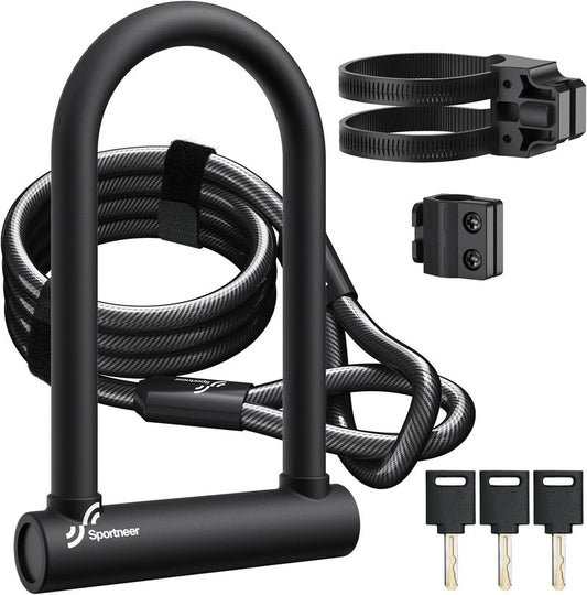 Sportneer Bike U Lock - Heavy Duty 18mm Shackle with 6ft Security Cable | Fits Road, Mountain & Electric Bikes, 9.85''x6.3''