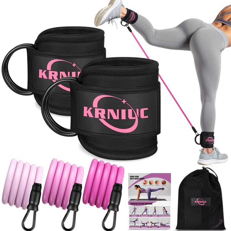 KRNIUC Ankle Resistance Bands with Cuffs, Resistance Bands for Working Out, Home Gym Workout Equipment for Women, Pilates Exercise, Hip, Leg, Glute Ankle Weights Training- Exercise Guides Included