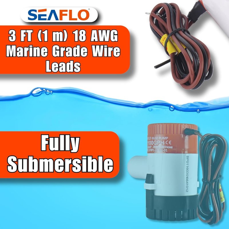 SEAFLO 1100 GPH Bilge Pump - 12V Marine Submersible Pump with Anti-Airlock Protection | 1-1/8" Outlet, CE & RoHS Certified