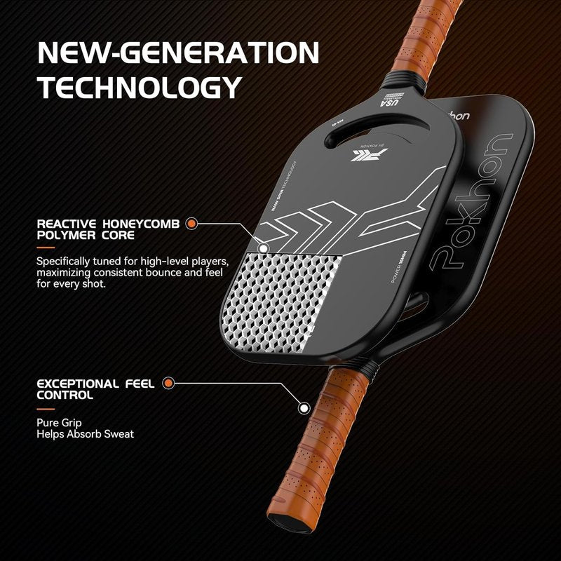 Pokhon Carbon Fiber Pickleball Paddle, Professional Raw Carbon Fiber Pickleball for Power & Control, Polymer Honeycomb Core, USAPA Approved T300 Pickleball Racket