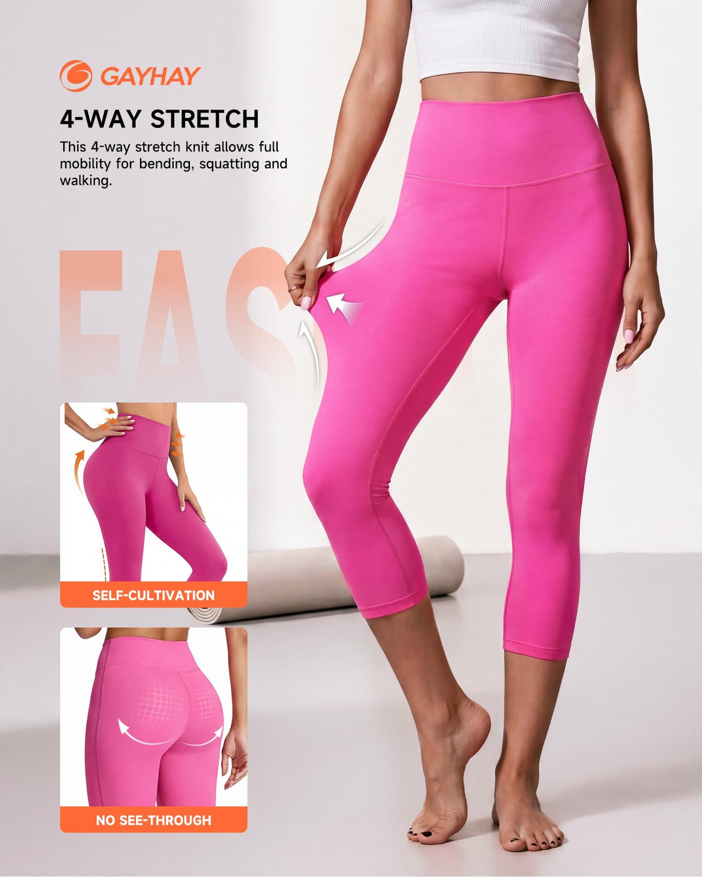 GAYHAY High Waisted Capri Leggings for Women - Soft Slim Yoga Pants for Running Cycling Workout Pink