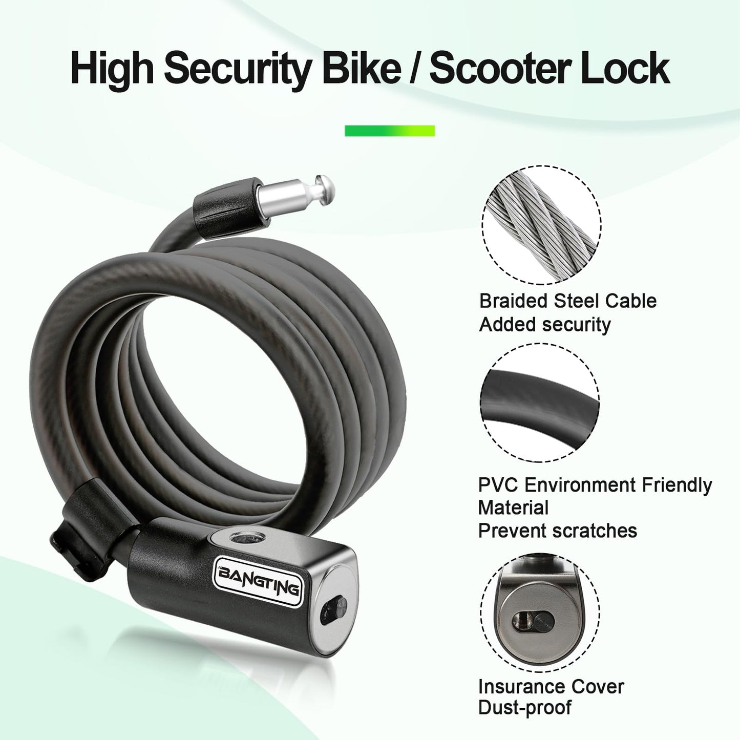 BANGTING 4 Feet Electric Scooter Bike Lock with Mounting Bracket & 2 Keys - 12mm Thick Heavy Duty Keyed Cable Lock, Anti Theft Weatherproof for E-Scooter, Bicycle, Kids Bike, Ebike, Scooter, Stroller