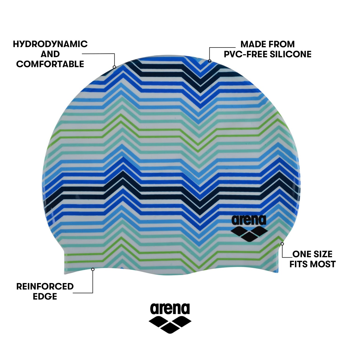 Arena Print 2 Unisex Silicone Swim Cap for Adults, Women and Men Intensive Training Comfortable Non-Slip Long Hair Swimming Hat, Stripes