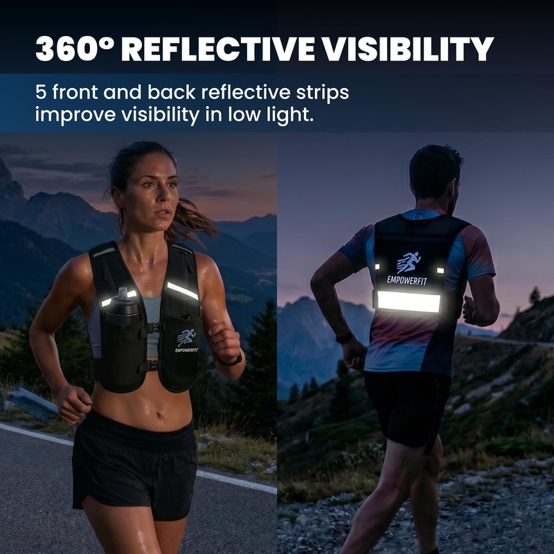 EMPOWERFIT Running Hydration Vest with 500ml Soft Bottle – Lightweight Running Pack for Men & Women, Breathable Mesh, Reflective, 6 Pockets