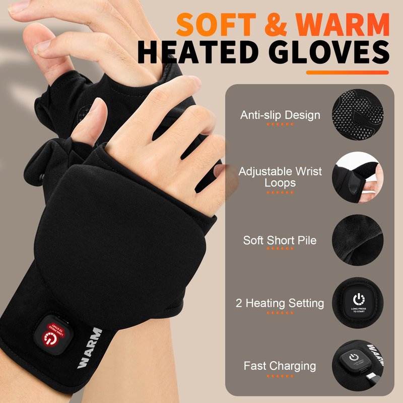 Heated Gloves for Men Women, Rechargeable Detachable Full & Half Hands Heated Glove Fingerless Electric Heating Gloves Hand Warmer for Work, Hunting, Skiing, Outdoor Work (Black, L)