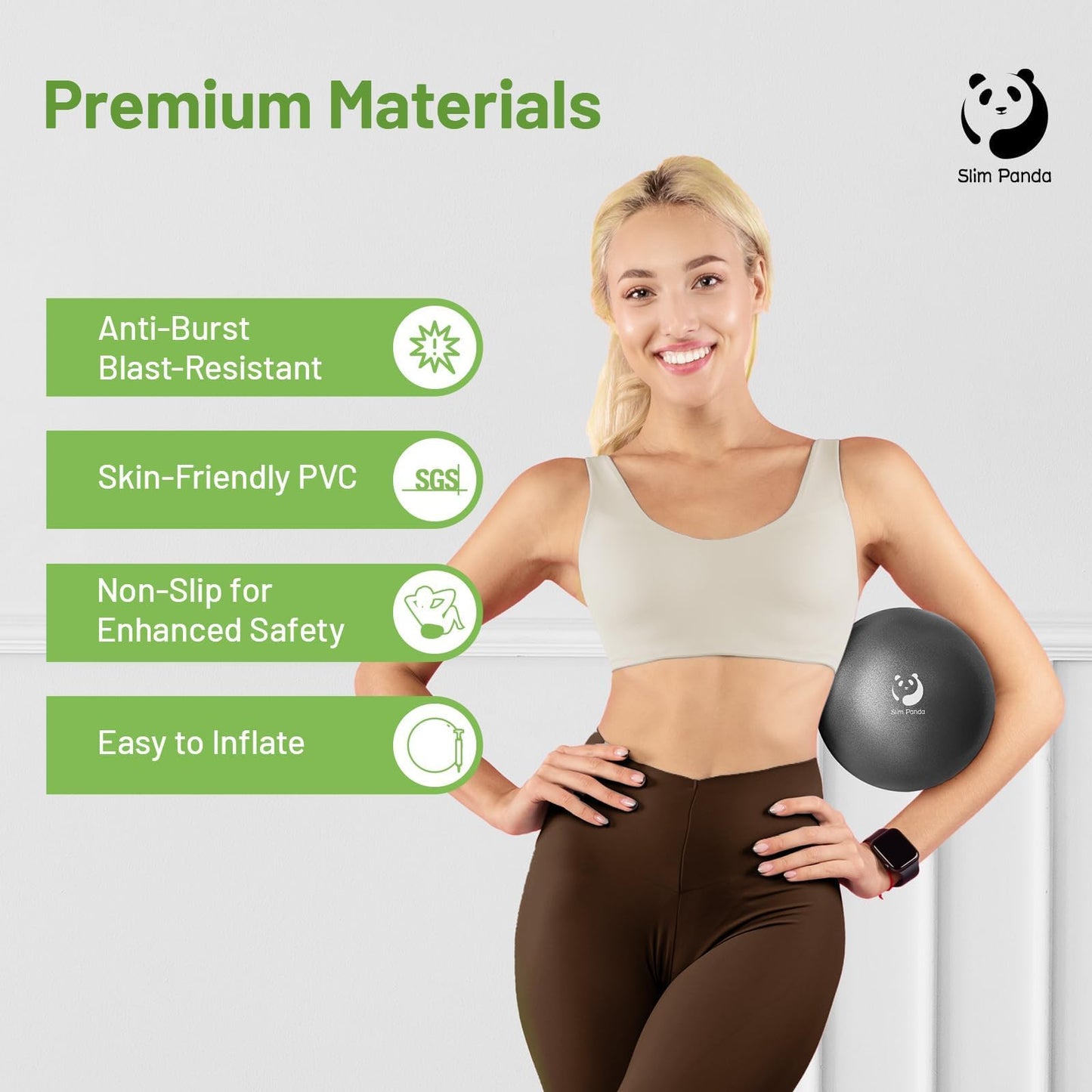 Slim Panda 9 Inch Pilates Ball - Anti-Burst Mini Yoga Ball with Needle Valve Pump - Small Exercise Core Ball for Barre, Stability & Physical Therapy