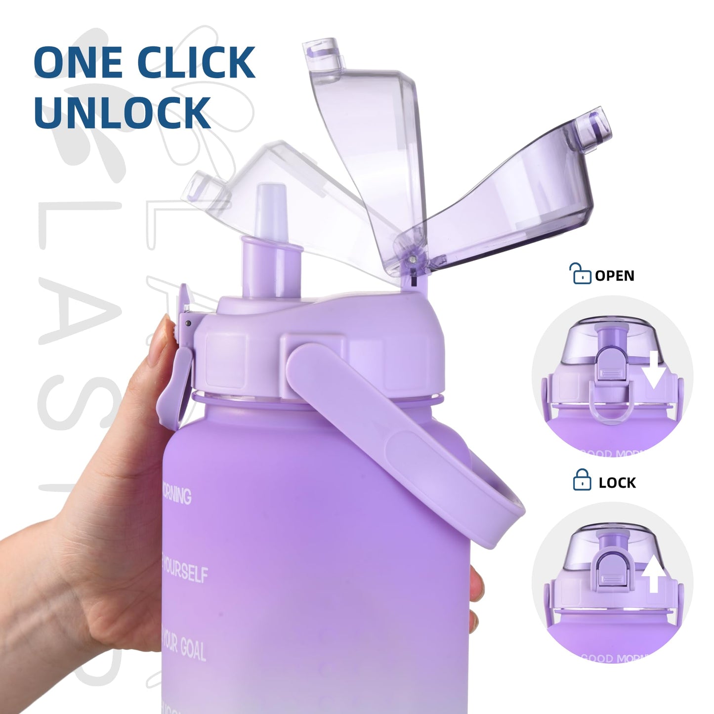 Laster 64 Oz, 2L, Half Gallon Motivational Water Bottle with Time Marker for All Day Hydration – BPA Free & Leak Proof. Office, Camping, Fitness, Road Trip - SOLID COLORS (Purple & Green)