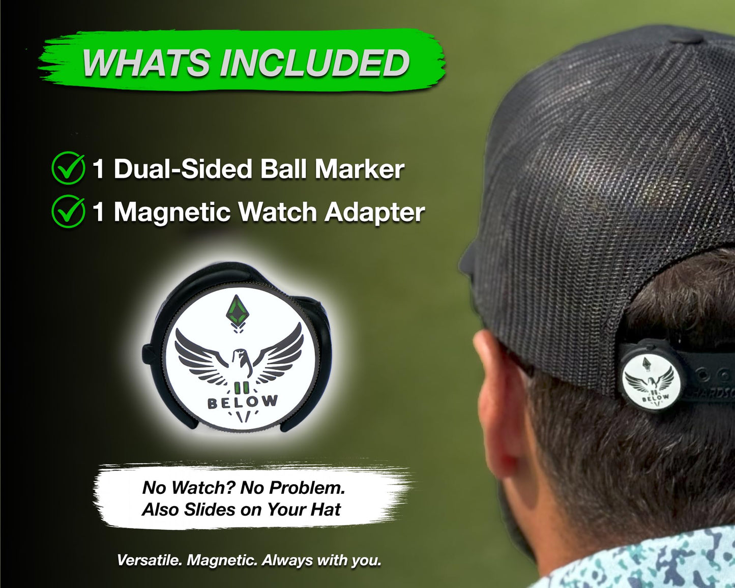 II BELOW Aerie – Golf Watch Adapter with Ball Marker & Stroke Counter – Slim Magnetic Silicone Fit – Track Strokes in Style (1, White)