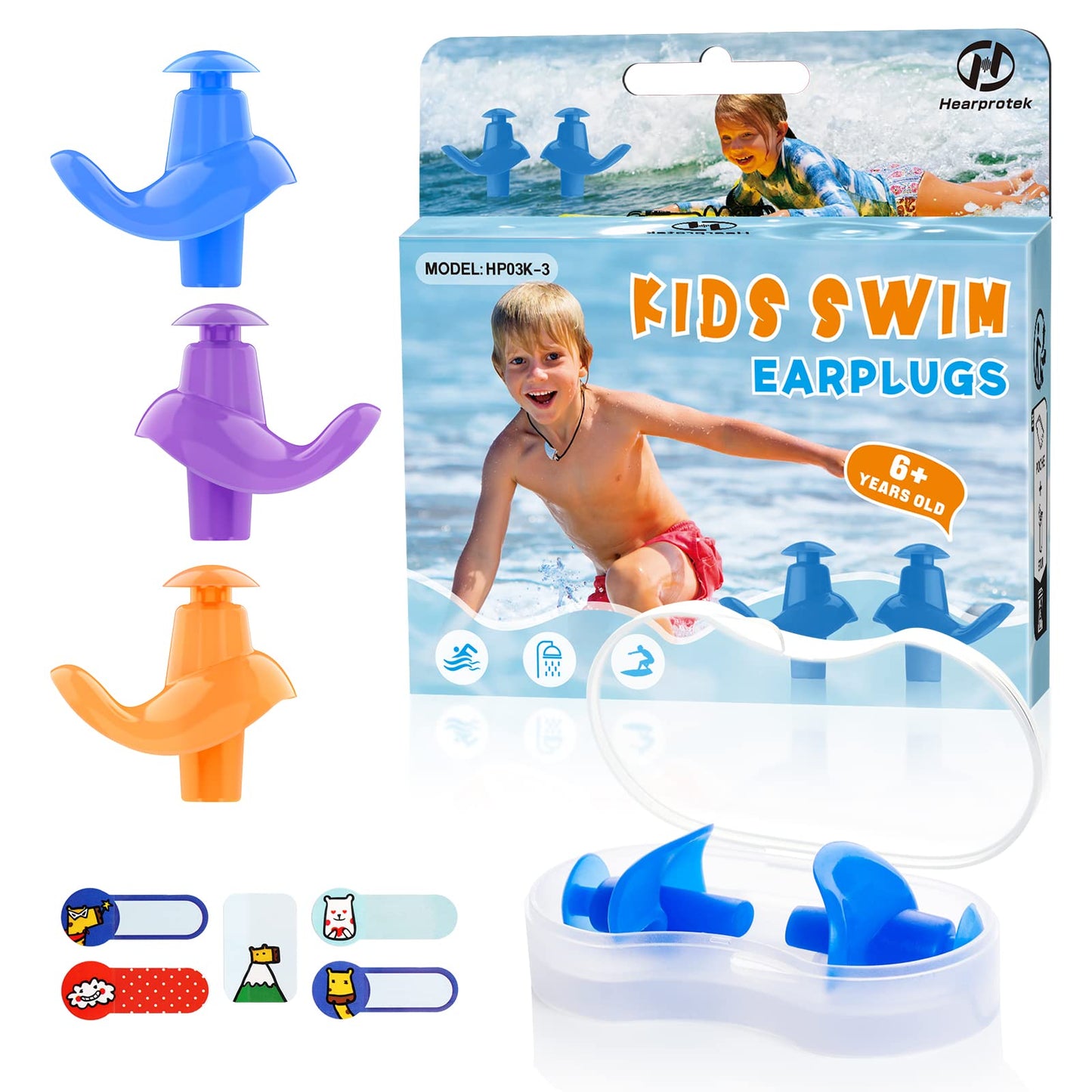 Hearprotek Swimming Ear Plugs, 3 Pairs Soft Waterproof Reusable Ear Plugs for Swimming Showering Bathing and Other Water Sports Suitable for 6+ Kids(Blue/Orange/Purple)