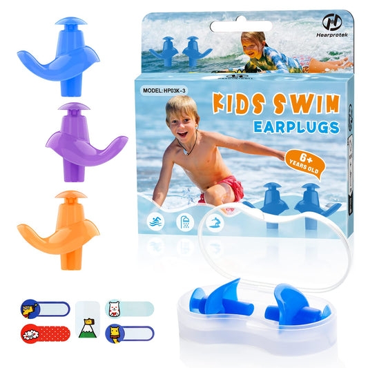 Hearprotek Swimming Ear Plugs, 3 Pairs Soft Waterproof Reusable Ear Plugs for Swimming Showering Bathing and Other Water Sports Suitable for 6+ Kids(Blue/Orange/Purple)