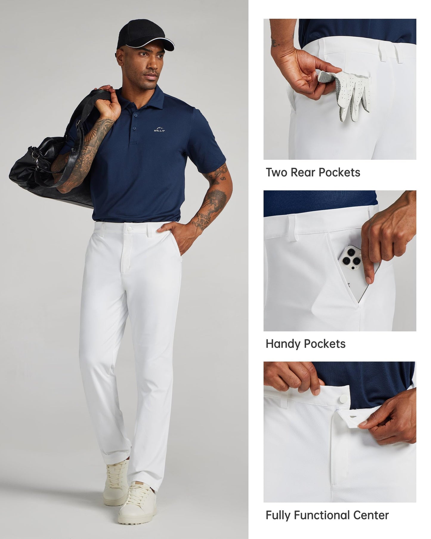Willit Mens Golf Pants Stretch Comfy Work Dress Pants 28''/30''/32''/34'' Lightweight Casual Pants Slacks with Pockets White 30W x 30L
