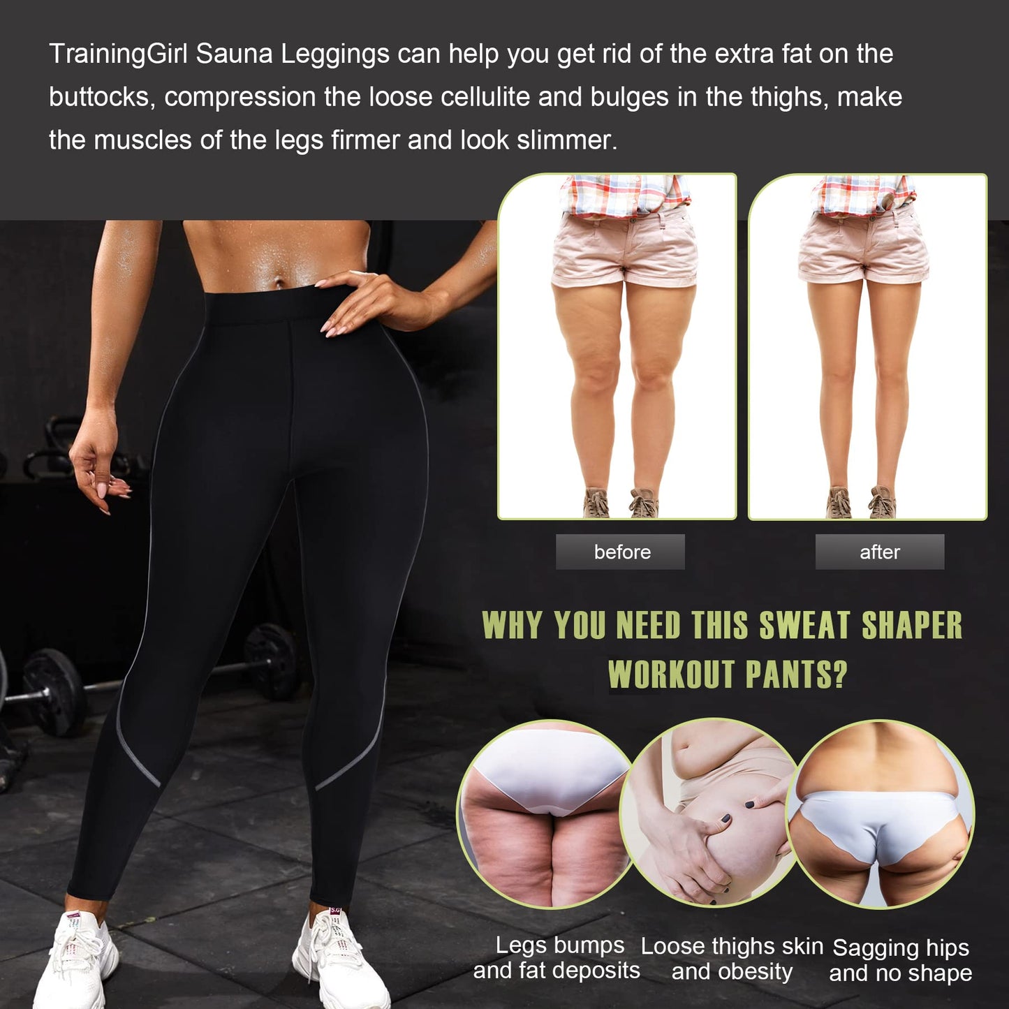TrainingGirl Women Neoprene Sauna Leggings Sweat Shorts Weight Loss Workout Running Capris Slimming Compression Thermo Pants (Full Length Black, XL)
