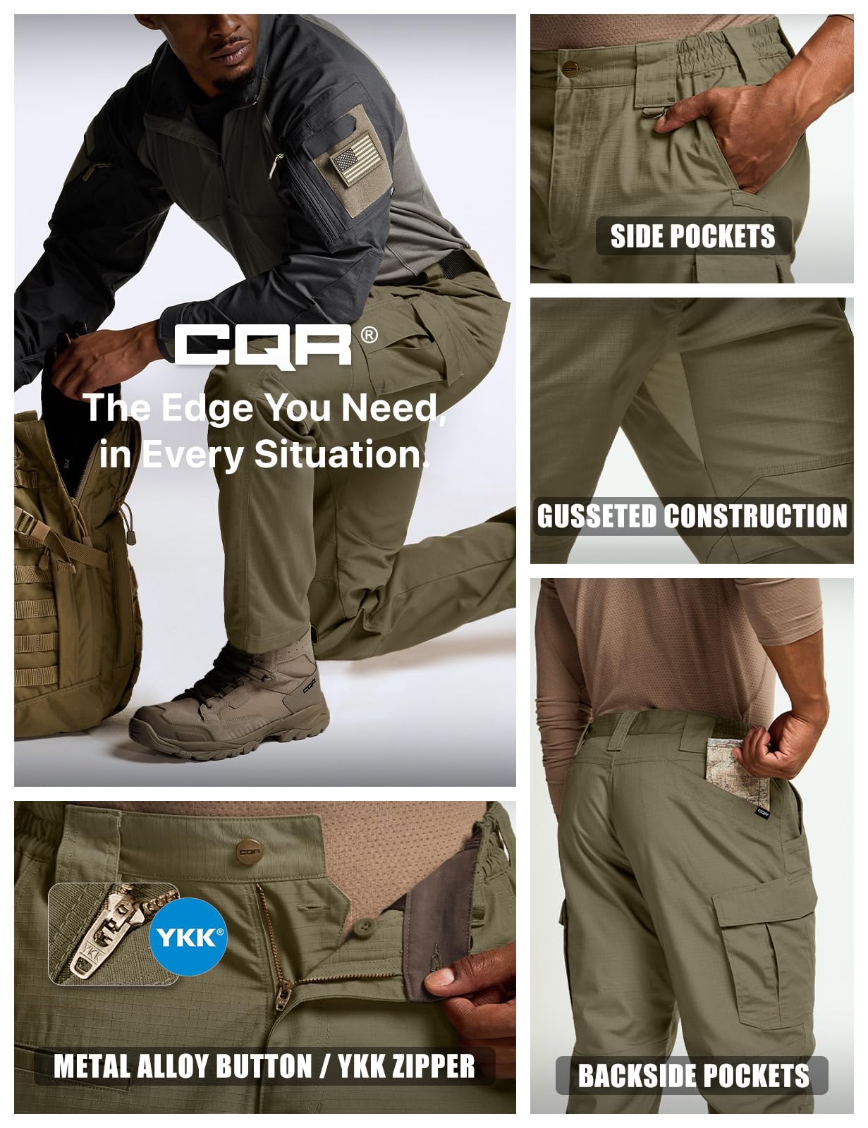 CQR Men's Tactical Pants, Water Resistant Ripstop Cargo Pants, Lightweight EDC Work Hiking Pants, Outdoor Apparel, Raider Mag Pocket Soil Green, 36W x 32L