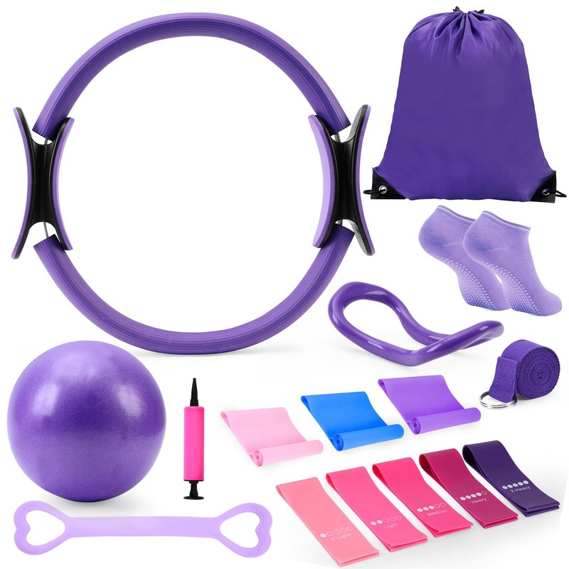 ARCUAT Pilates Essentials Kit for Home Workouts Women, Pilates Equipment Ring Set with Yoga Ball Resistance Band Stretching Band, Beginner Toning Fitness Pilates Starter Accessories Kit (Purple)