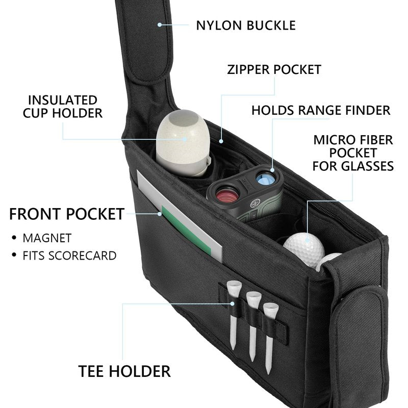Golf Organizer - Push Cart Accessory with Storage Bag, No-Drilling Pouch, Adjustable Drink Holder - Gift for Men