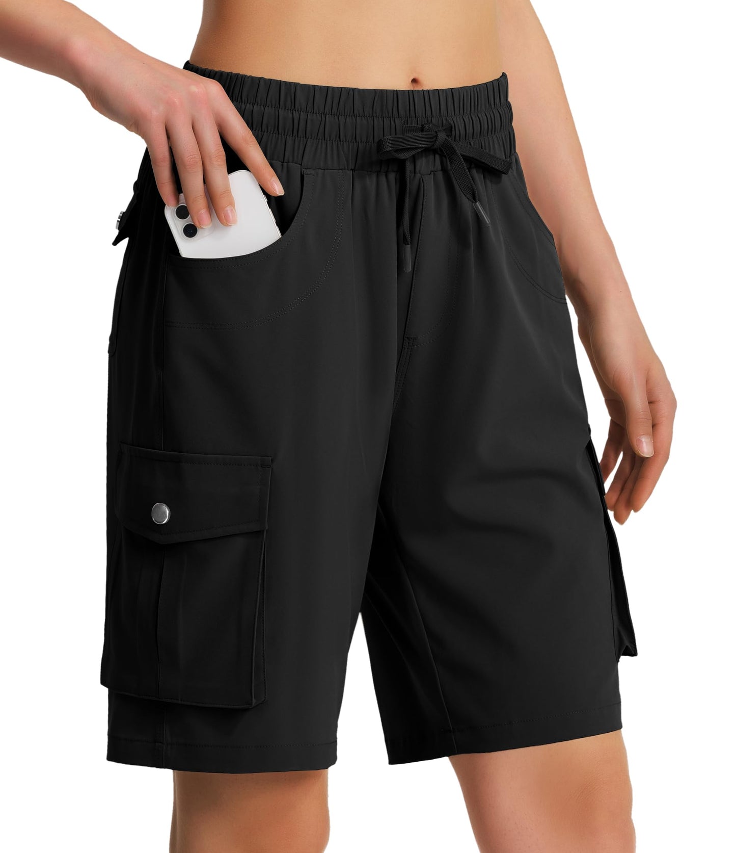 Hugut Women's 9" Hiking Cargo Shorts Quick Dry Lightweight Summer Shorts for Camping Travel Golf 6 Pockets Black