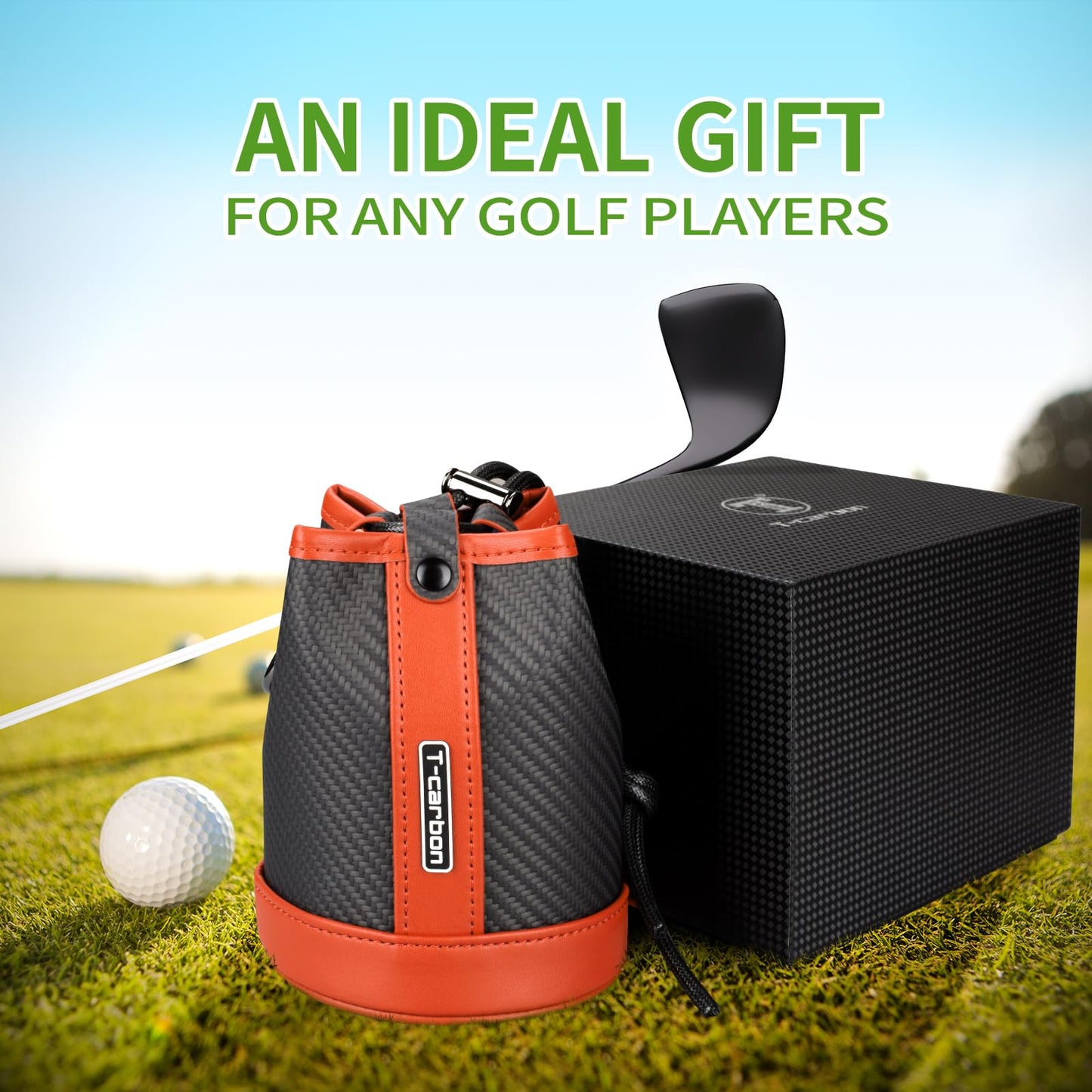 T-carbon Travel Gear Professional Valuables Golf Pouch;Bucket Waist Design Bag with Drawstrings;Carbon Fiber and Leather Golf Tee Bag for Glofers Men Women Very Practical Orange