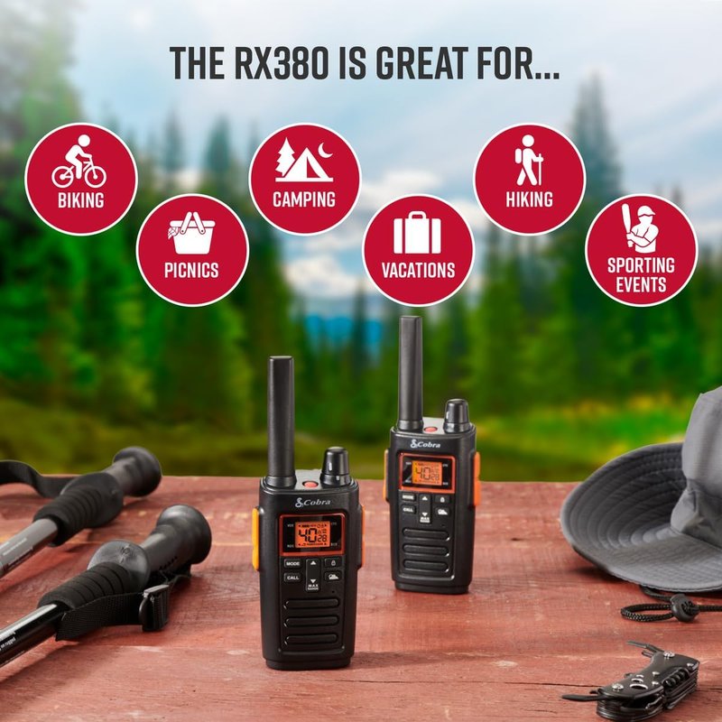 Cobra RX380 Walkie Talkies - 2-Pack Rechargeable Two-Way Radio Set | 32-Mile Range, 40 Channels, Black